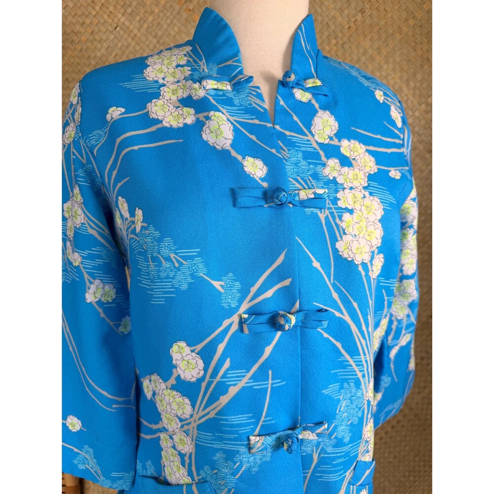 Vintage Polynesian Casuals Blue Floral long Sleeve Hawaiian Print Tea Timer XL